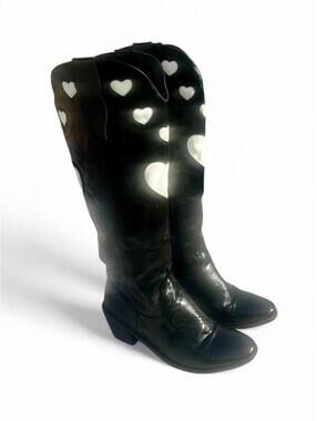 Women’s Black White Heart Western Cowboy Boots EU 39 US 8.5 Tall Cowgirl